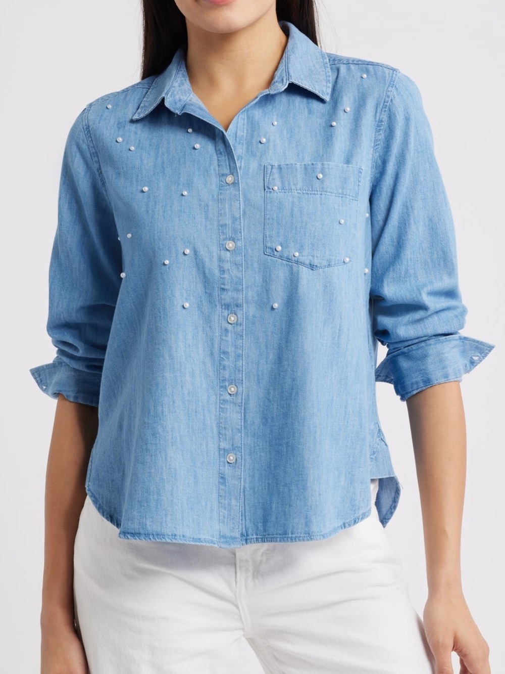 beachlunchlounge Kenna Pearly Bead Medium Wash Chambray Top
